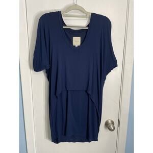 Mason Blouse Medium Blue Double Layer 3/4 Sleeve Soft Stretch Minimalist Preppy